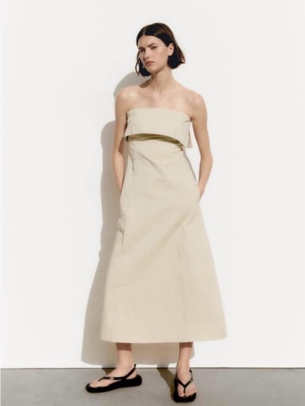 NWT ZARA STRAPLESS COTTON MIDI OFF SHOULDER Gabardine DRESS LIGHT BEIGE XL